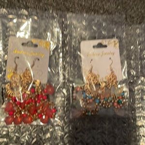2 pairs pierced earrings - coral & gold and multi & gold